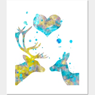 Love Deer Couple With Heart Watercolor Painting Posters and Art